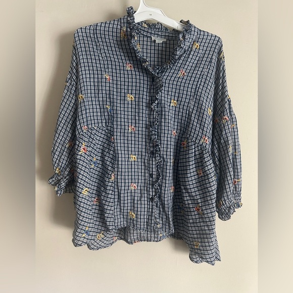 Sundance Women’s Seaside Gardens Blue Plaid Check Floral Ruffle Top - Picture 1 of 7